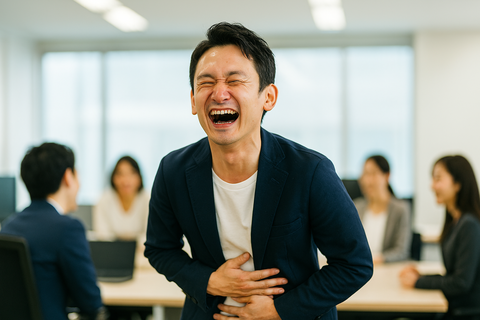 おなかを抱えて笑う男性