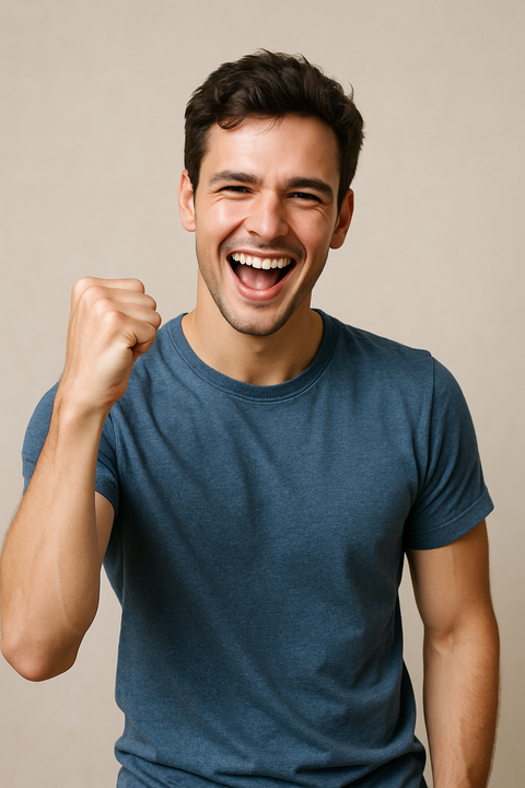 ガッツポーズをする男性