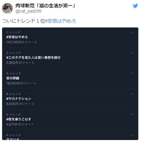 安倍はやめろ　トレンド１位