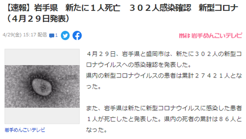 岩手　コロナ死1人