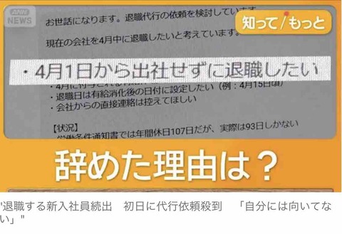 【社会】退職する新入社員続出　初日に代行依頼殺到　「自分には向いてない」