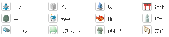 「ビル」「タワー」「神社」「寺」「教会」「橋」「灯台」「城」「ホール」「ガスタンク」「給水塔」「史跡」