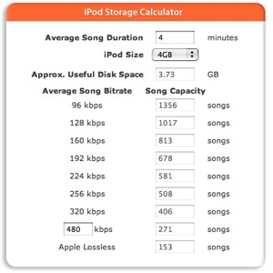 iPod Storage Calculator