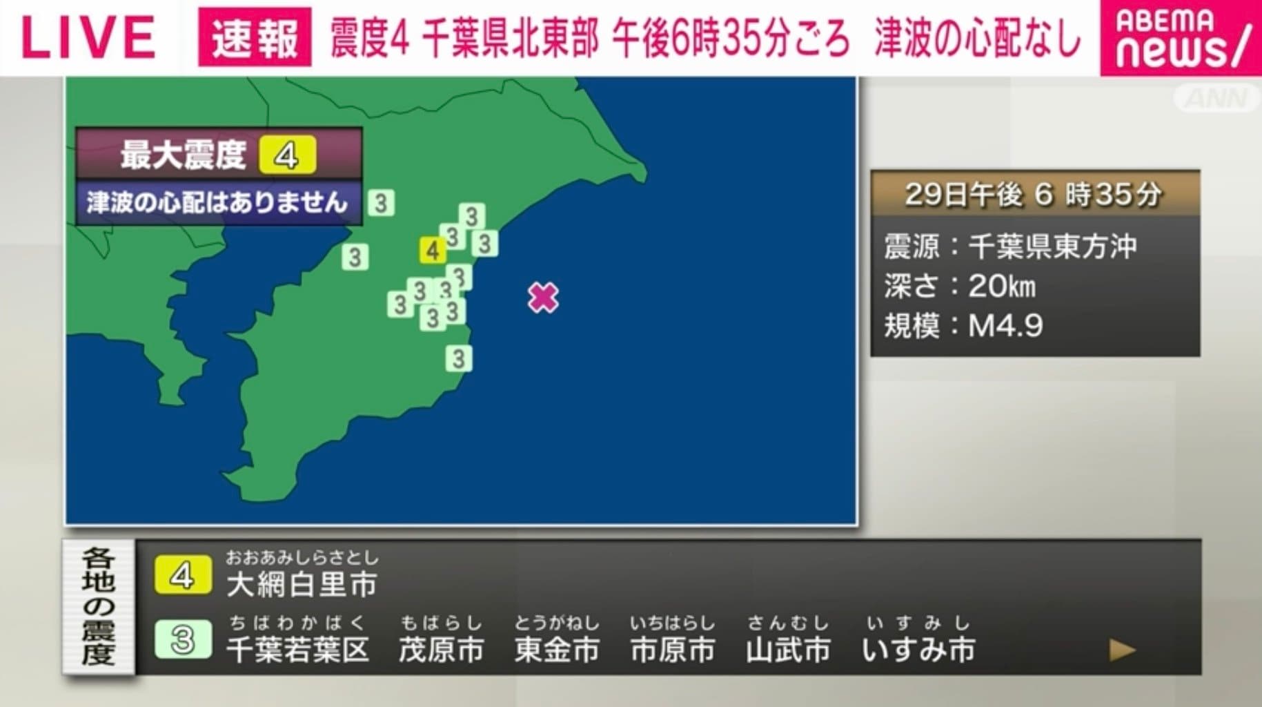 【地震】千葉県沖で地震続く。　27日以降、震度1以上が10回以上　震度4のやや強い揺れも