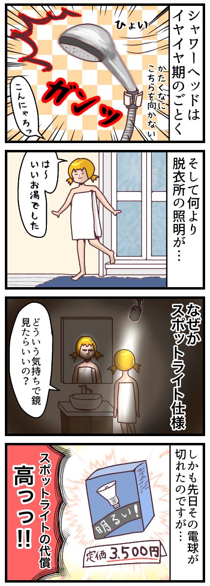シャワーへッドはイヤイヤ期のごとくかたくなにこちらを向かないし。そして何より脱衣所の照明がなぜかスポットライト仕様。どういう気持ちで鏡見たらいいの?しかも先日その電球を買い換えたのだが、3500円もした。スポットライトの代償高っ!