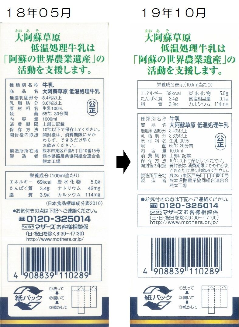 熊本県酪農協連合会 大阿蘇高原 低温処理牛乳 １９年１０月 愛しの牛乳パック