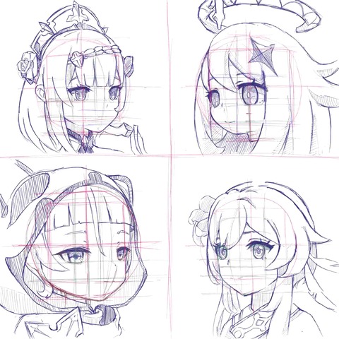 原神キャラ斜め顔補助線あり