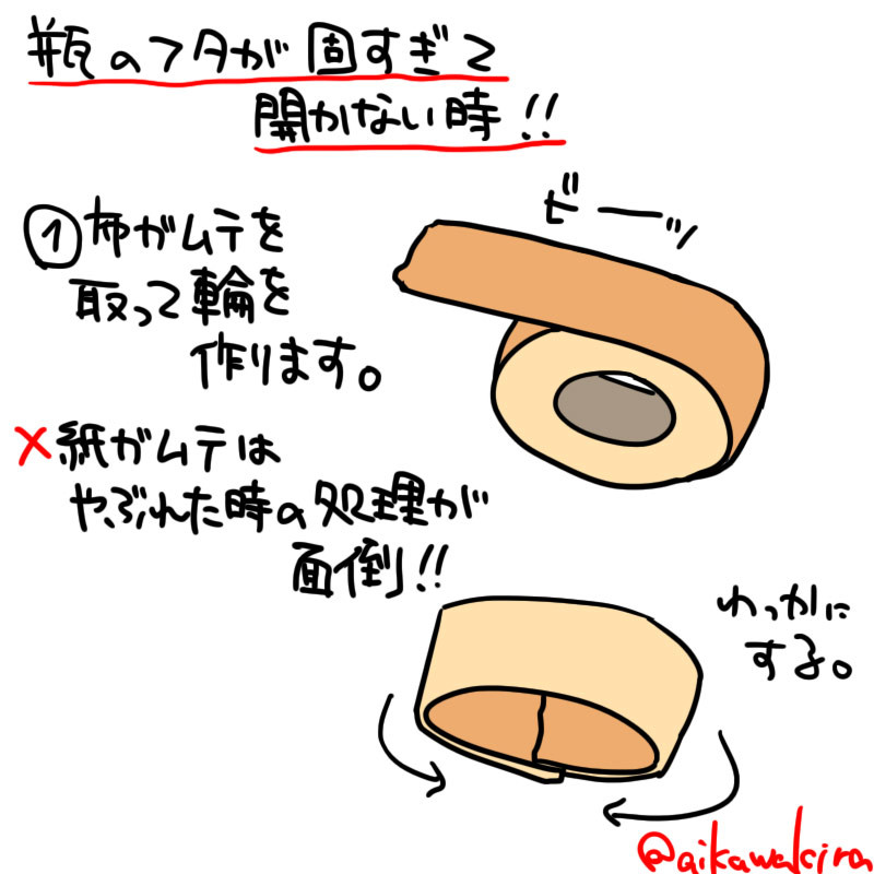 瓶の蓋が固くて開かない時 非力な女性でもなんとか開封出来そうな技 ふでとり 瓶の蓋が固くて開かない時 非力な女性でもなんとか開封出来そうな技 ふでとり