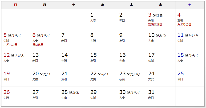 19年5月 建築吉日カレンダー 有限会社不動産リサーチ 公式サイト