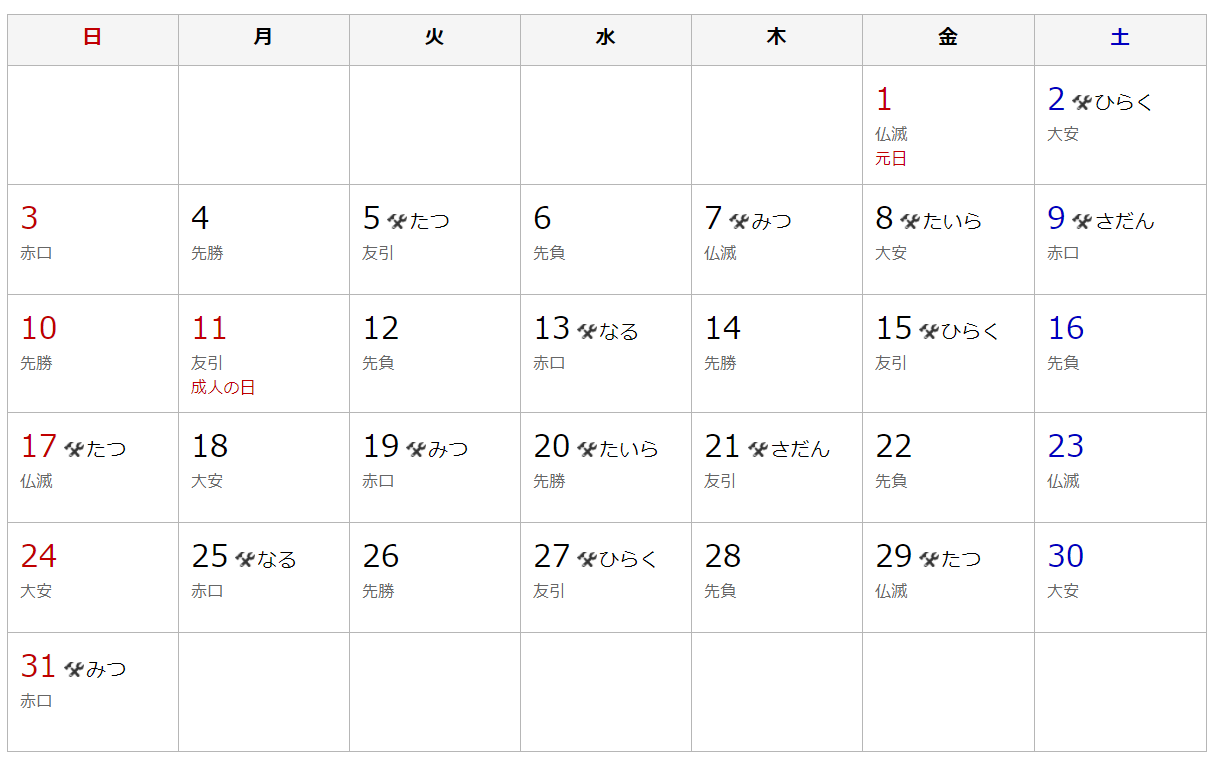 21年１月 建築吉日カレンダー 須賀川市新町 有限会社不動産リサーチ 公式サイト