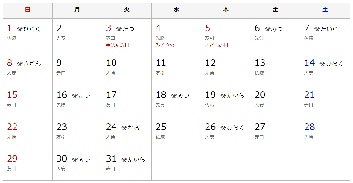 22年５月 建築吉日カレンダー 須賀川市緑町 有限会社不動産リサーチ 公式サイト