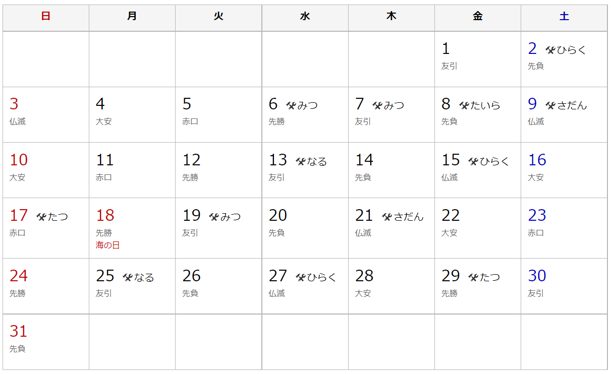 22年7月 建築吉日カレンダー 須賀川市栗谷沢 有限会社不動産リサーチ 公式サイト