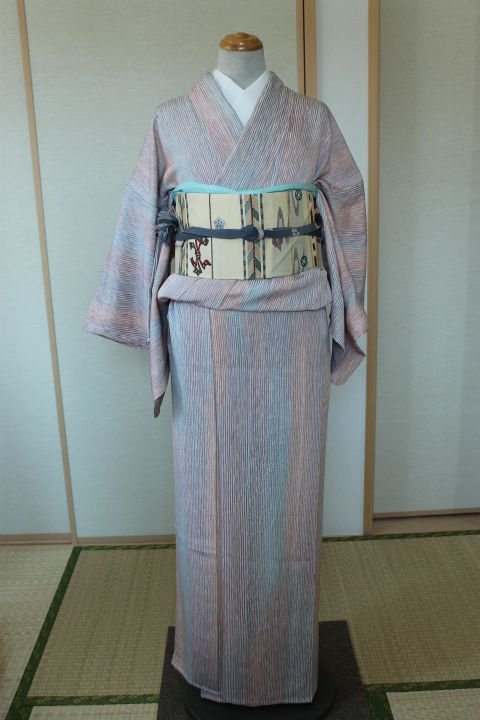 小紋 単衣 グラデーション 斜め縞 よろけ縞 くすみカラー 着物 012a d 眩む 