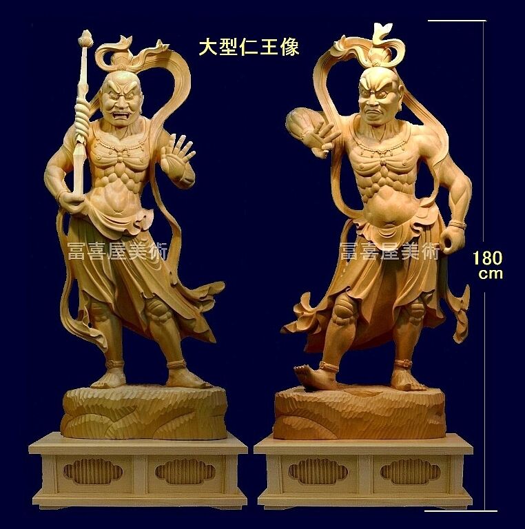 仏教美術 時代金工【金剛力士像 仁王像】彩色銅製 阿吽 細密細工 一対 置物 仏像 佛像 銅像 骨董品 古美術品 寺院 仏閣 大型 高さ