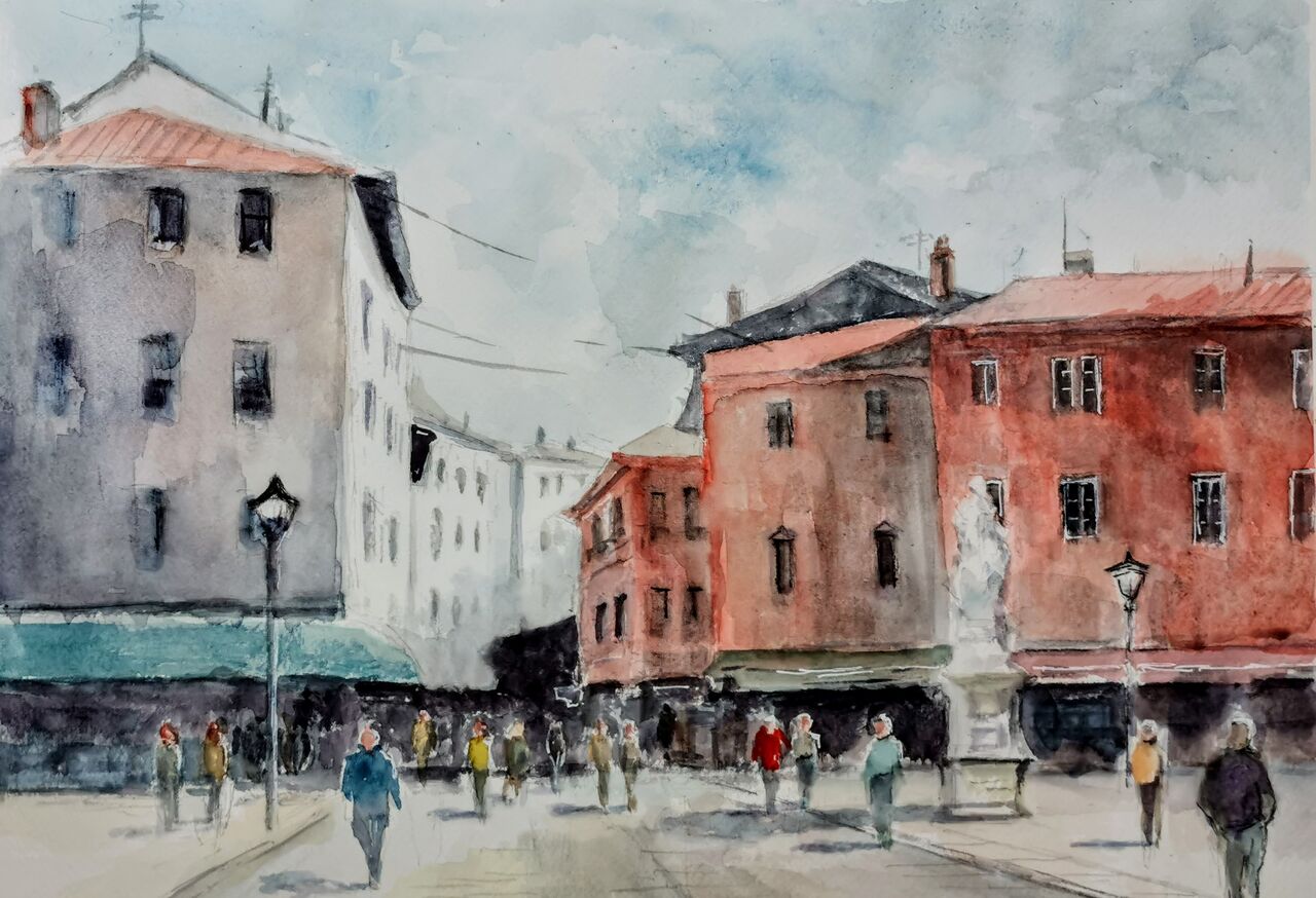 イタリアの街角 カスタネット水彩画作品模写 Fuku San の水彩画