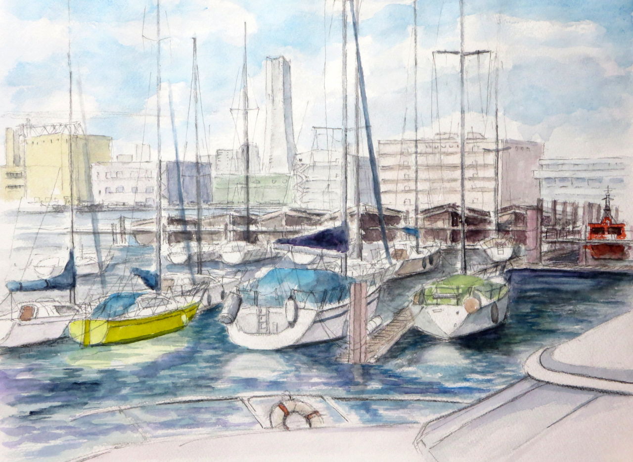 水彩画原画 江の島ヨットハーバー5 ＃681