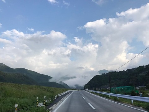 谷間に朝霧が立ち込めていて、まるで雲が地上に降りて来ているよう