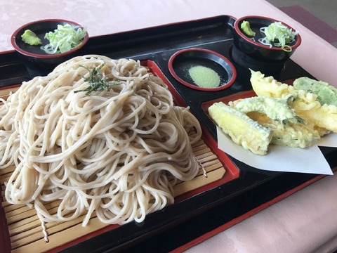 霧の駅で天ざる蕎麦大盛り！