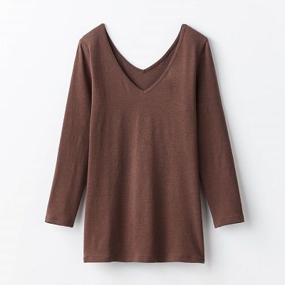 ベルメゾン_綿混Vネック九分袖レディースチャコールブラウン