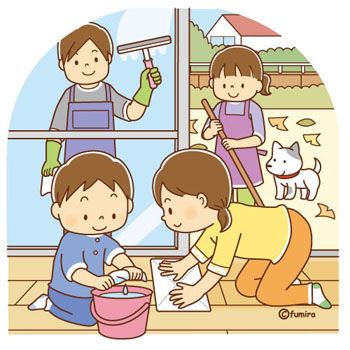 大掃除をする家族のイラスト