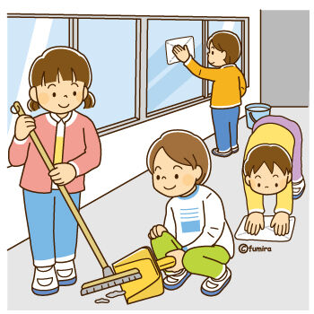 掃除をする子どもたちのイラスト