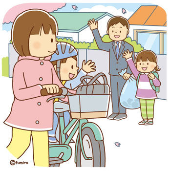 子どもの送り迎え出勤をする家族のイラスト