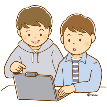 ノートパソコンを眺めながらなにか話している男の子たちのイラスト350