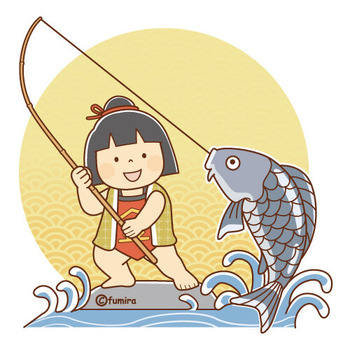 鯉を釣り上げる金太郎さん(カラーイラスト)350