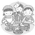 初午いなりのイメージ・稲荷寿司を作るこどもたちと食べる子どものイラストモノクロ