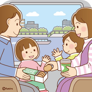 電車で旅行に行く家族のイラスト350
