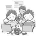 ロボットを使ったプログラミンの学習をする子どもたちのイラストモノクロ120