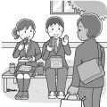 外でランチを食べている学生のイラストモノクロ