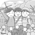 春の遠足に行った子どもたちのイラストモノクロ