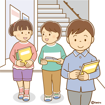 教室移動で廊下を歩いている小学生のイラスト350