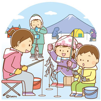 湖の上でワカサギ釣りをする家族のイラスト