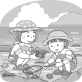 磯遊びをする子どもたちのイラストモノクロ