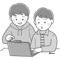 ノートパソコンを眺めながらなにか話している男の子たちのイラストモノクロ