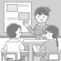 みんなの前で発表をする小学生のイラストモノクロ120