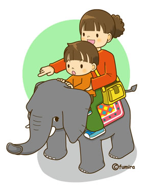 ゾウに乗る親子