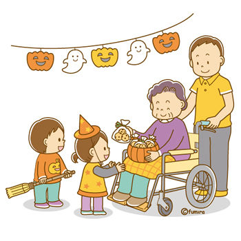 ハロウィンの仮装をする子どもたちとお菓子を渡す車椅子のおばあさん