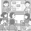 黒板の前に出て発表するこども2人と聞いている子どもたちのイラスト120