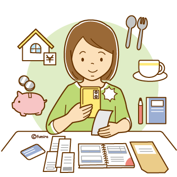 家計簿をつけるためにレシートを撮影する女性のイラスト350
