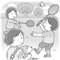 公園でバトミントンをする子供たちのイラストモノクロ