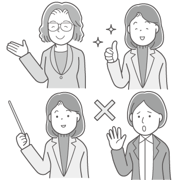 スーツ姿の説明する女性のイラスト(モノクロ)