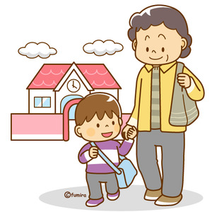 子どもの送り迎えをするおばあさん