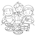 初午いなりのイメージ・稲荷寿司を作るこどもたちと食べる子どものイラストぬりえ