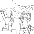 遠足で山登りをしている子どもたちのイラスト(ぬりえ)