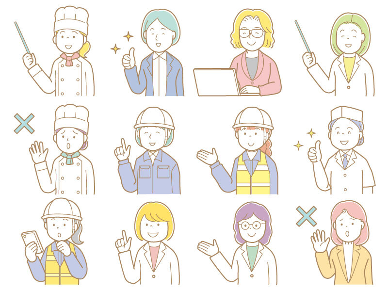 いろいろな職業の働く女性のイラスト(上半身ポーズ・シンプルなタッチ)