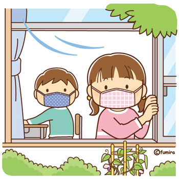 窓を空けて換気するイラスト(マスク)