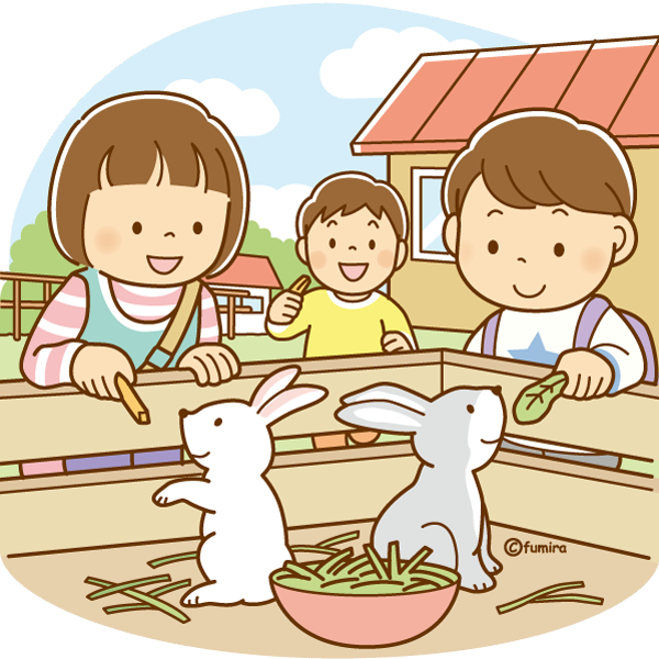 クリップアート】牧場でうさぎとふれあう子どもたちのイラスト : 子供